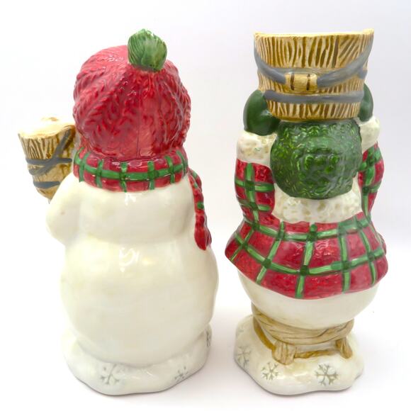 BICO Snowman Candleholder Set Christmas Ceramic Plaid Winter Decor 6 Inch Pair - Picture 4 of 12